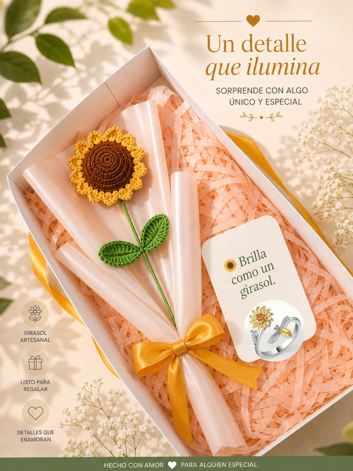 Anillo Giratorio de Girasol + Girasol de Crochet